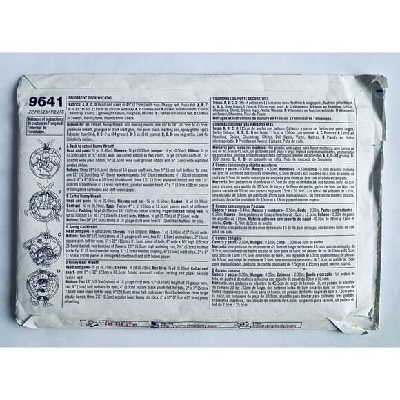 SIMPLICITY 9641 BUNNY KITTY CAT & BEAR DOOR WREATH SEWING PATTERN UNCUT - Picture 2 of 2